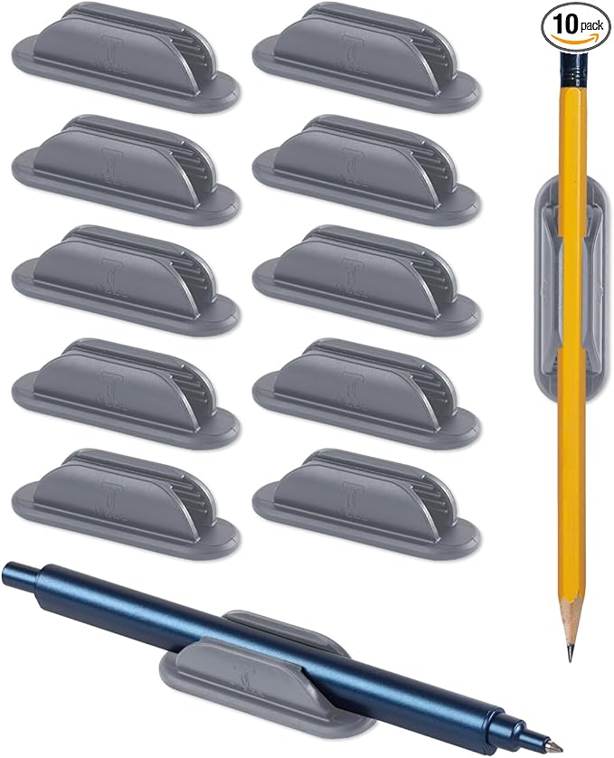 Tiizze Adhesive Pencil Holders for Desk Set of 10 - Silicone Pen Holder with 15 PCS Adhesive Pads - Flexible Pencil Holder for Office Essentials Accessories and Teacher Supplies - Grey