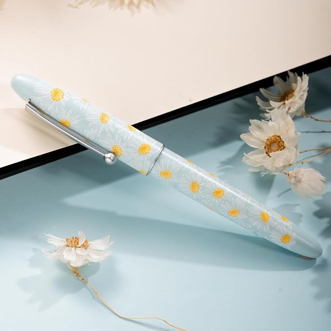 HONG DIAN C3 Fountain Pen, Iridium Fine Soft Nib Chinese Knot Carving, Light Blue & Little Daisy Painting Design with Metal Box Set