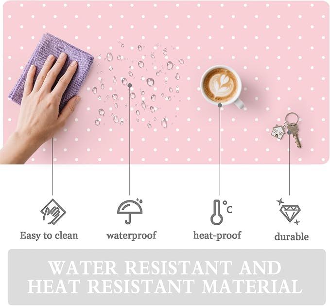 White Polka Dot Leather Desk Mat Extended Gaming Mouse Pad | Non-slip Large Writing Pad Laptop Blotter Computer Keyboard Mat | Cute Pink Desk Protector for Home Office 31.5" x 15.7"