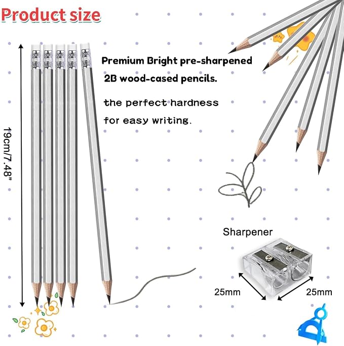 Adhere 25pcs Woodcase Pencils with Eraser Premium Pre-Sharpened Hexagon Graphite 2B pencils ideal for home, office writing including a Free Sharpener (Silver・25pcs)