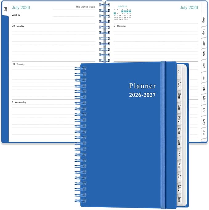 2026-2027 Planner - Planner 2026-2027 from July 2026 - June 2027, Weekly & Monthly Planner Spiral Bound with 12 Monthly Tabs, Inner Pocket, 6.4" x 8.5", Blue-E