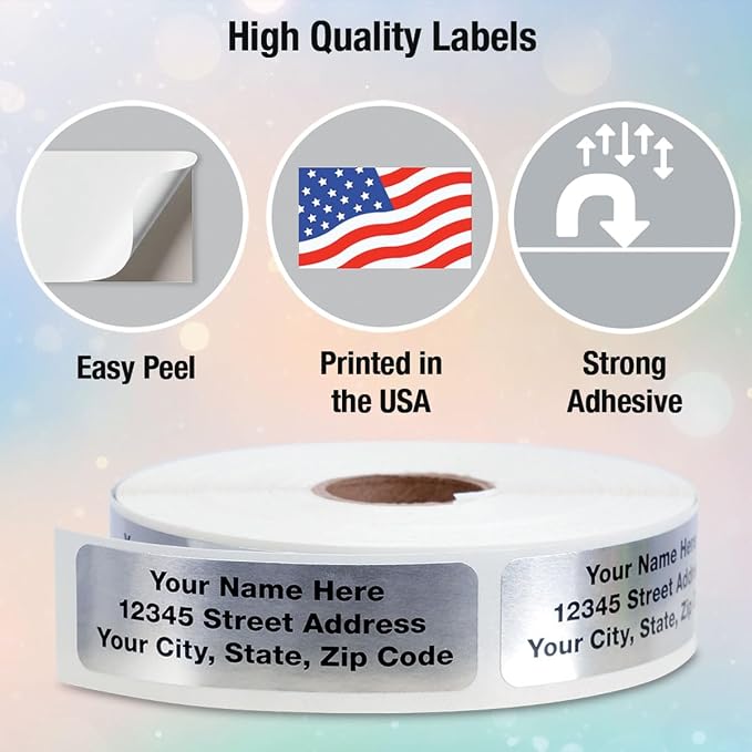 Colorful Images Return Address Labels, 3/4" x 2 1/2" | Silver Metallic Foil, 500 Count, Self-Adhesive , With Dispenser, Customize with Name & Shipping Address