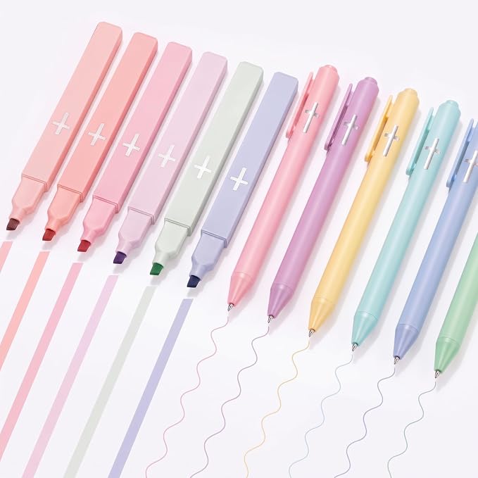 12 Pcs Cross Gel Pens and Highlighters Set 6 Gel Pens 0.5mm 6 No Bleed Highlighters Bible Study Pen and Highlighter for Journaling Church Supplies Christian Stationery (Black,Macaron)