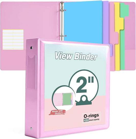 3 Ring Binder 2 inch，Cute Binder Organizer with 5 Tab Dividers Fits 175 Sheets of 8.5x11 Paper, Customizable Clear Cover with Inside Pockets, Aesthetic 2" Three Ring Binders for School Office，Pink
