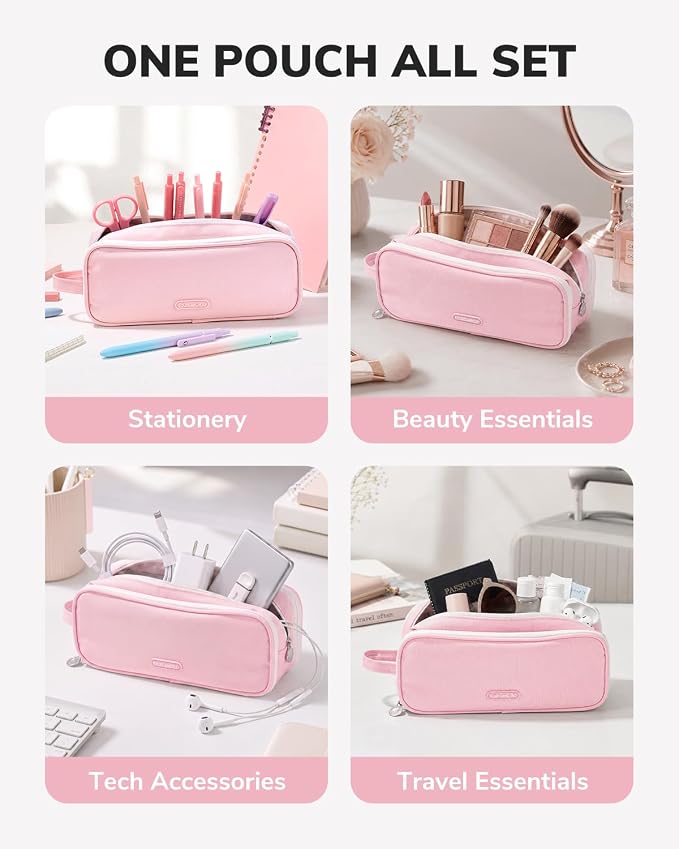 Four Candies Large 3-Compartment Pencil Case Organizer Pouch | Large Pen Bag for Stationery & Office Multi-Purpose Organizer Makeup Bag Travel Bag with Handle (Pink)