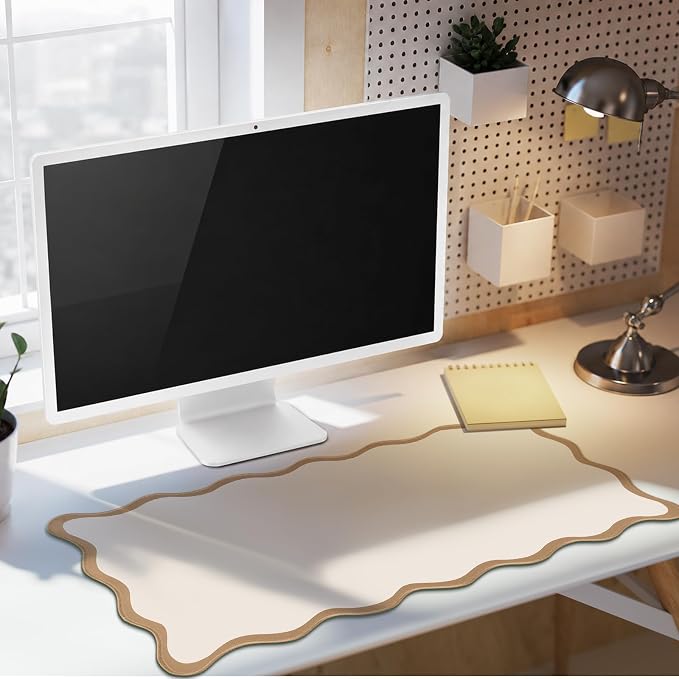 Hahafelt Scalloped Desk Mat Large Desk Pad Cute Coquette Table Mat Back to School Preppy Table Make up Pad Nonslip Graduation Gift with Stitching Waterproof Gaming(Beige,23.6 x 13.8 Inches)