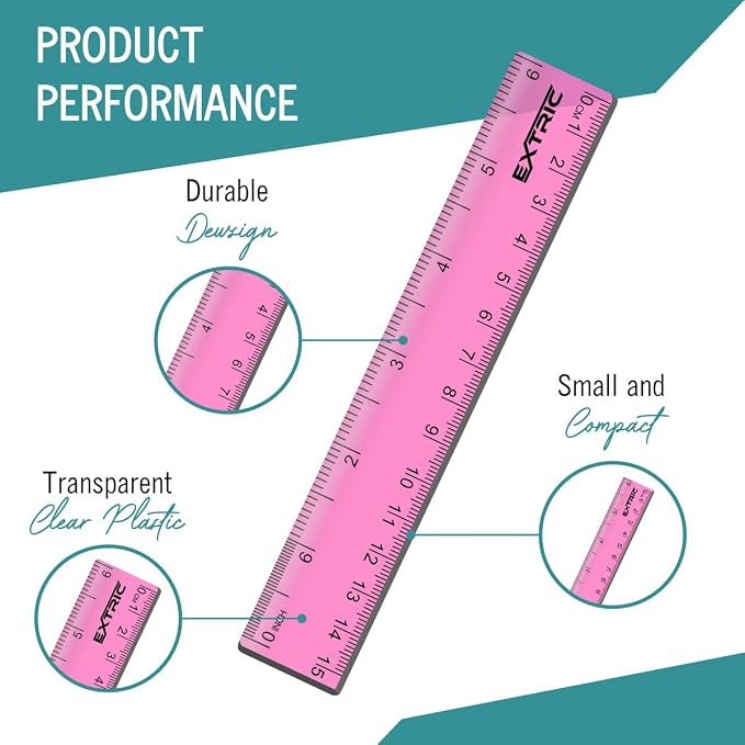 EXTRIC Rulers 6 Inch Bulk Classroom 12 PK Mini Ruler for Kids Metric, Inch | Clear Plastic Rulers in Assorted Colors That are Shatterproof and Great to Use in Classroom, Office, Home