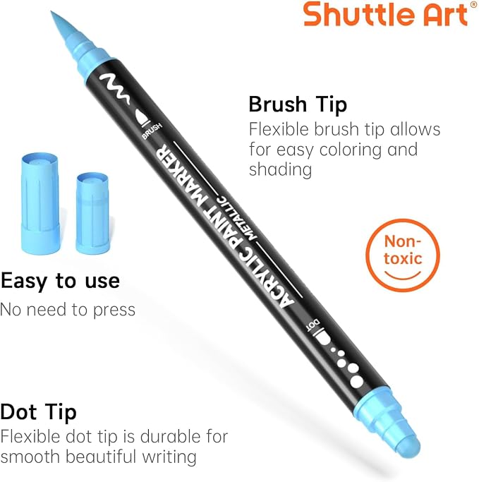 Shuttle Art 28 Metallic Colors Dual Tip Acrylic Paint Markers, Brush Tip and Dot Tip Acrylic Paint Pens for Rock, Ceramic, Wood, Canvas, Plastic, Glass, Stone, Calligraphy, Card, DIY Football Crafts
