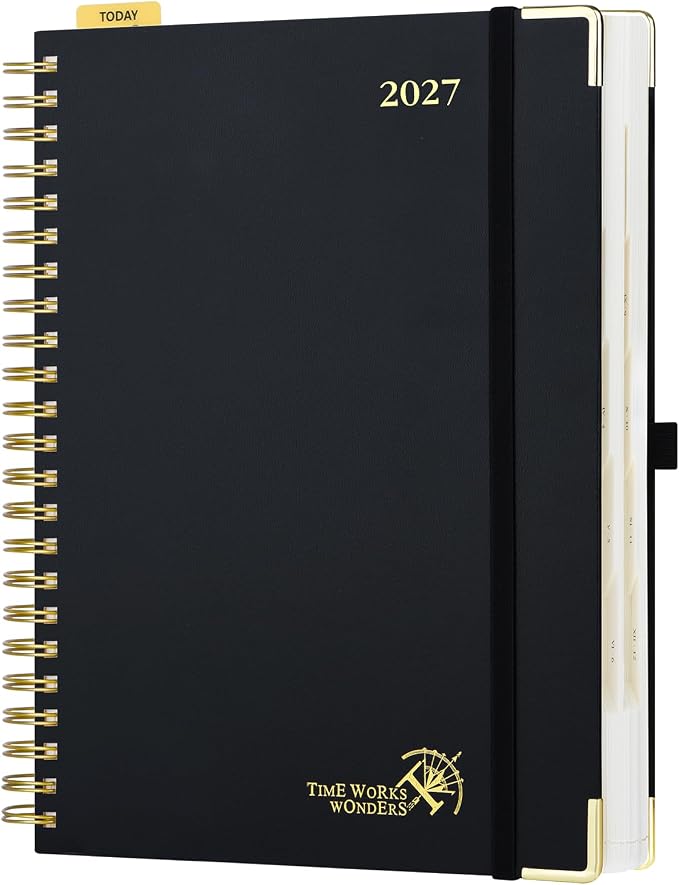 POPRUN 2027 Daily Planner One Page Per Day, Large 8.5" x 12", Calendar Book from Jan 2027 - Dec 2027, Hardcover Appointment Book with Hourly Time Slots, Spiral Bound, Monthly Tabs - Black