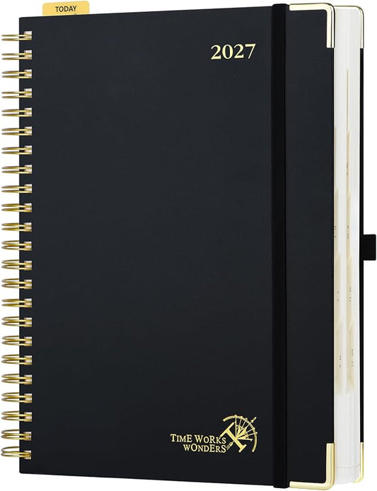 POPRUN 2027 Daily Planner One Page Per Day, Large 8.5" x 12", Calendar Book from Jan 2027 - Dec 2027, Hardcover Appointment Book with Hourly Time Slots, Spiral Bound, Monthly Tabs - Black