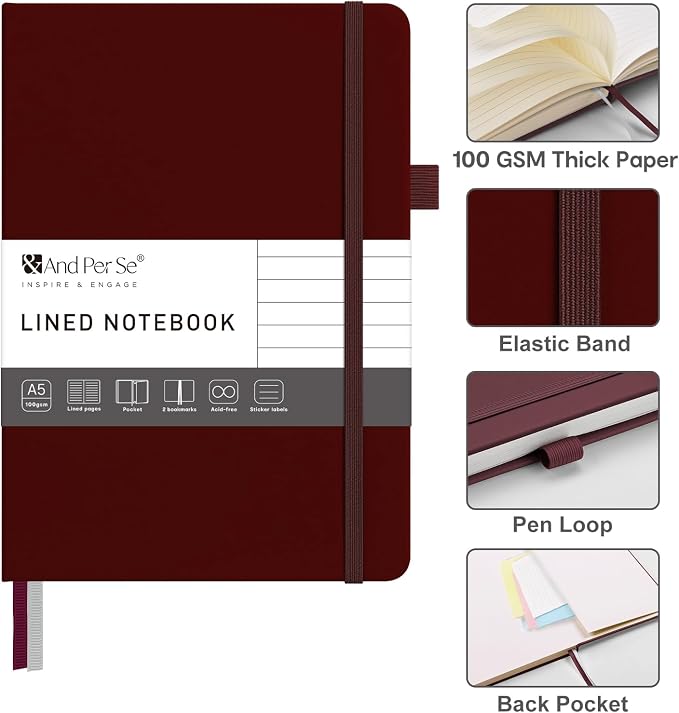 &And Per Se Lined Journal Notebook – A5 5.7”x8” College Ruled, 160 Pages, 100gsm Thick Paper, Journaling Notebooks for Writing (Dark Red)