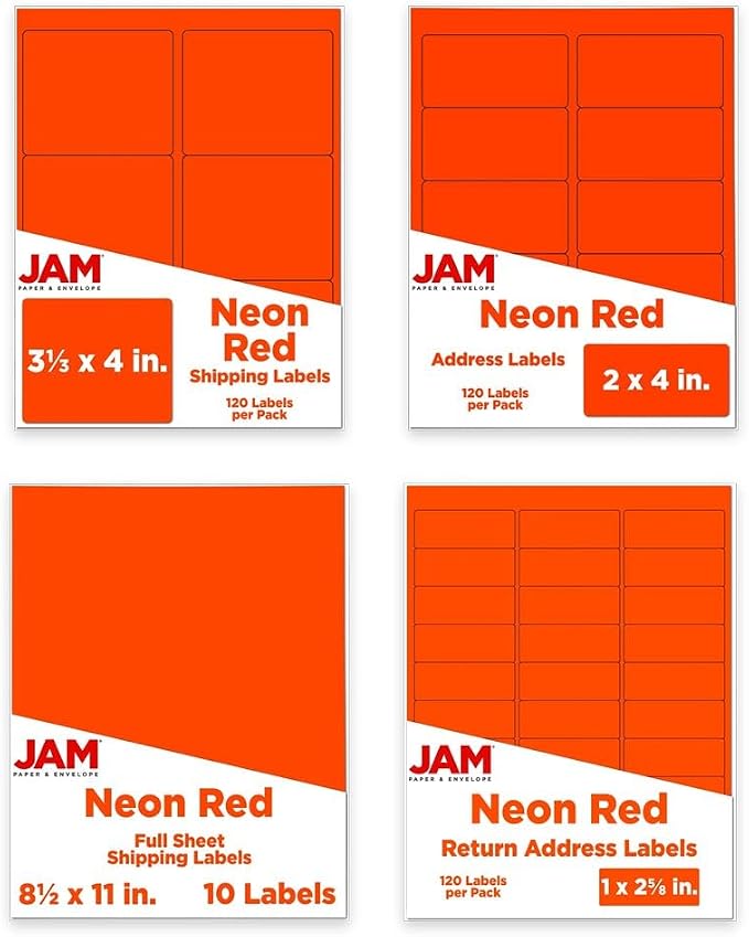 JAM PAPER Shipping & Mailing Address Labels - Multi Size Assortment - Neon Red - 370/Pack
