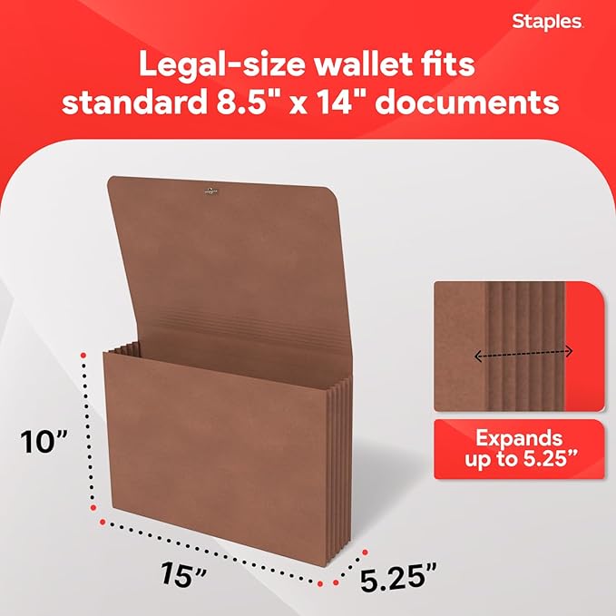 Staples Expanding Wallet, Legal Size, Brown Redrope Accordion File with Elastic Closure, Holds Oversized Documents – 10/Pack