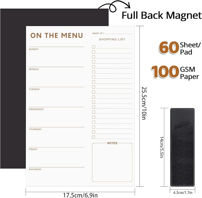 Thboxes 60 Sheets Magnetic Meal Planner for Fridge, Grocery List Pad, White | Pen Holder, Undated Weekly Layout, Tear Off Shopping Pad, 7 x 10 In, for Kitchen, Meal Prep, Families, Home, Office, Students