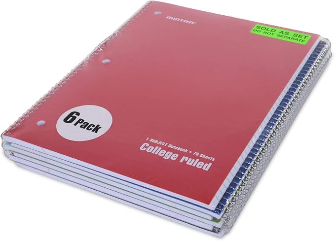 Mintra Office Spiral Notebooks Set - Primary Colors, College Ruled, Poly Waterproof Covers, Journals for School, Work, Business, Writing Pads, Teacher & Student Supplies, 70 Sheets Each, 6-Pack