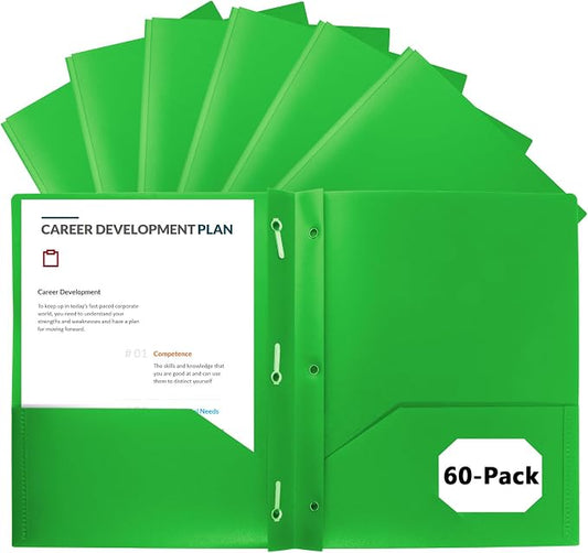 60-Pack Plastic Folders with Pockets and Prongs,2-Pocket Poly Folders with 3 Fasteners Holds 8-1/2" x 11" Paper for School/Office/Home, Green
