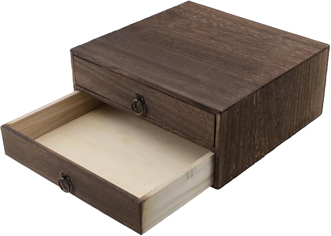 Wooden Desk Organizer 10" x 9.5" x 4.4" Mini Desk Drawer Tabletop Storage Organization Box Vintage Decorative Small Wooden Box（2 Floors）