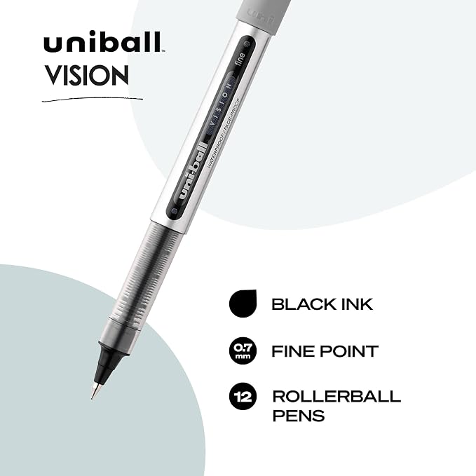 uni-ball(R Vision(TM) Rollerball Pens,0.7 mm,Fine Point,Gray Barrel,Black Ink,60126,12 Count (Pack of 12)