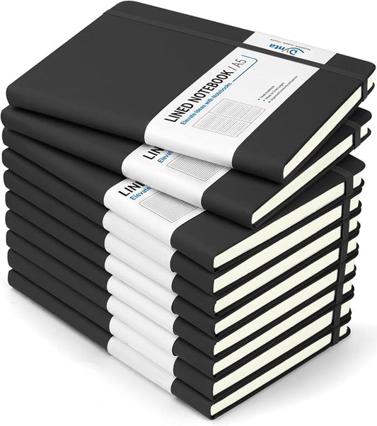 Dynta Hardcover Journal Notebooks, 10 Packs A5 Lined Journals Bulk for Writing 200 Pages/100Sheets, 8.4 x 5.8 inch, Classic Ruled Notebook for Work/Travel/College/Note Taking(Black)