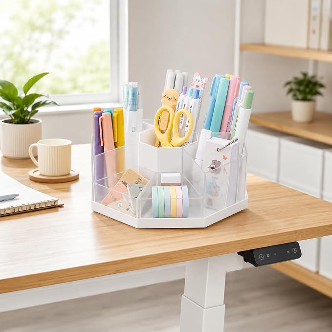 Rotating Pen Holder for Desk, 360 Degree Desk Organizer, Desktop Storage | with 9 Removable Compartments, Detachable Pencil Holder and Art Supply Organizer for Office, School, Makeup Brushes, Markers