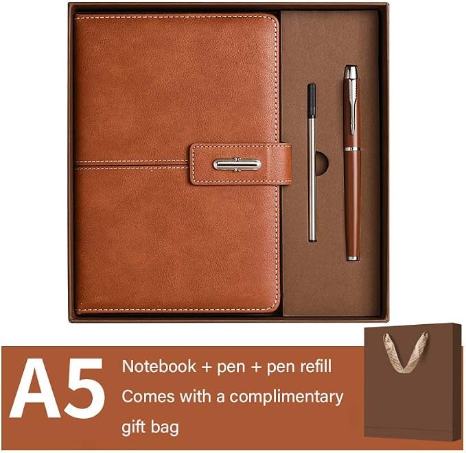 A5 Notebook Journal Leather Journal Hardcover With Pen Set for Work School Writing Business Notebook 200 pages + pen refill + gift box packaging(Brown)