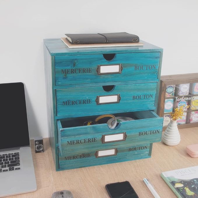 Large Wooden Drawers Wooden Box with Drawer Blue | 4 Drawer Storage Box for Apothecary Cabinet, Apothecary Drawers，Desktop Organizer with Metal Handles for Office，Home