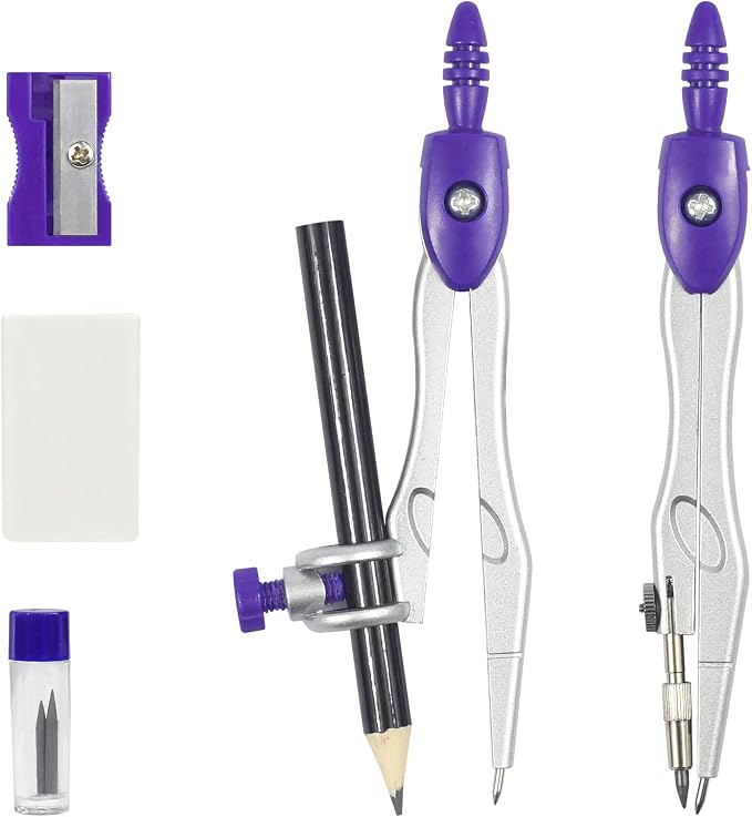 Unjoo Geometry Set 10 Pcs Student Supplies, Protractor and Compass,Purple | Shatterproof Storage Box,Rulers,Protractor,Compass,Eraser,Pencil Sharpener,Lead Refills,Pencil,for Classroom, Back to School