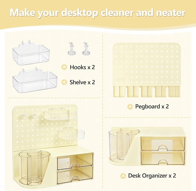 Desk Organizer with 360° Rotating Pen Holder, 5 Slots, 2 Drawers & Pegboard for Office School Art Supplies (Cream)