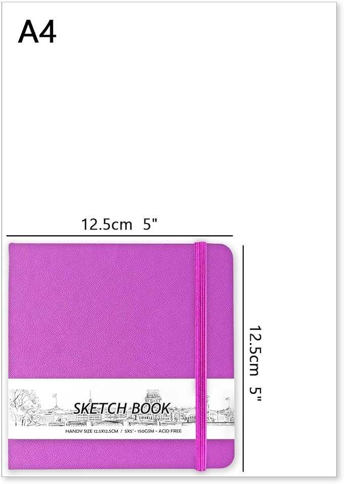 5" x 5" Hardcover Sketch Book,58 Sheets Small Mixed Media Pocket Sketch Pad | PU Cover,150 GSM Acid Free Artist Drawing Paper,Travel Journal Blank Notebook for Adults Sketching,Illustration.