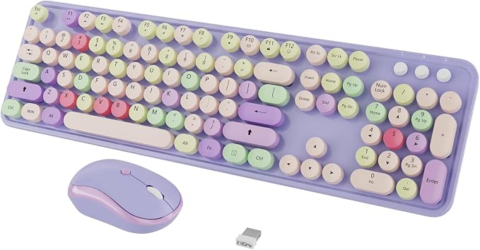Kootop Wireless Computer Keyboard and Mouse Combo,Colorful Purple | Ergonomic Full Size Typewriter Retro Round Keycaps Keyboard, Compatible with Windows, PC, Perfer for Home and Office