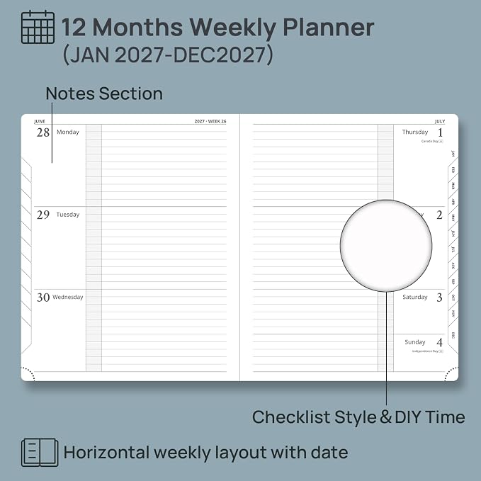 POPRUN 2027 Planner (Large 8.5"x 10.5"), Weekly and Monthly Planner | Daily Calendar Book Jan.2027 - Dec.2027, Appointment Book with Monthly Tabs, Leather Hardcover, Inner Pocket - Army Green