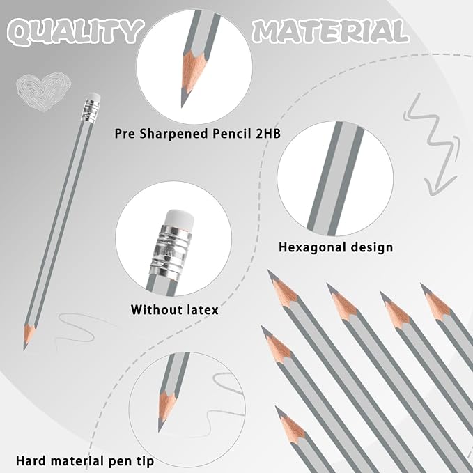 60 PCS Silver Pencils Bulk with Eraser, Pre-Sharpened HB Pencils for Writing & Drawing, School Supplies for Kids Homework, Tests, Art Crafts & Teacher Grading (Silver)