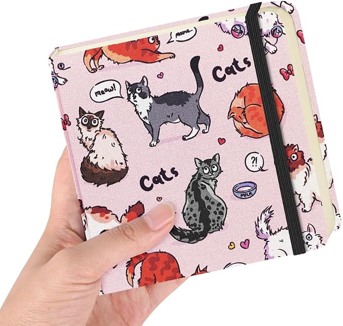 4.8" Square Pocket Sketch Book,Hardcover Art Sketchbook for Drawing Journal | Cloth Cover,80gsm Blank Paper,96Sheets,Lay-Flat,Portable Travel Creation Paint Diary Memo Planner,Dry Media.Pink Cat