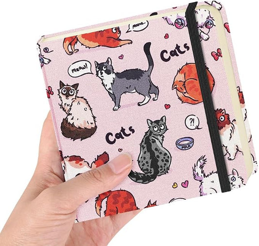 4.8" Square Pocket Sketch Book,Hardcover Art Sketchbook for Drawing Journal | Cloth Cover,80gsm Blank Paper,96Sheets,Lay-Flat,Portable Travel Creation Paint Diary Memo Planner,Dry Media.Pink Cat
