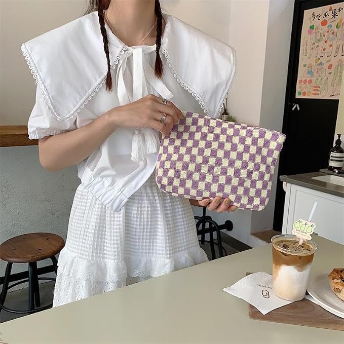 PAZIMIIK Checkered Makeup Bag for Purse, Small Flat Cosmetic Pouch,Purple | Cute Zipper Makeup Organizer for Women, Travel Essentials, Toiletries, Makeup Brushes, Beauty Accessories&Bridesmaid Gifts