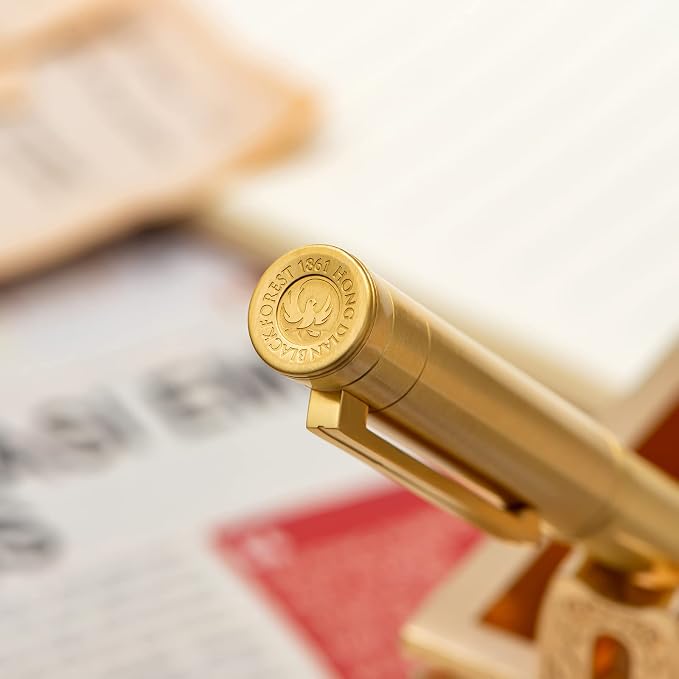 HONG DIAN 1861 Fountain Pen, Long Blade Nib, Raw Brass Design with Converter and Metal Pen Case Set