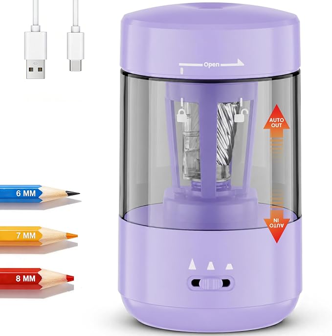 Electric Pencil Sharpener for Classroom, Fully Automatic Pencil Sharpener for 6-8mm Pencils & Colored Pencils, Auto in & Out, Type-C Rechargeable Pencil Sharpeners for Home, School, Purple