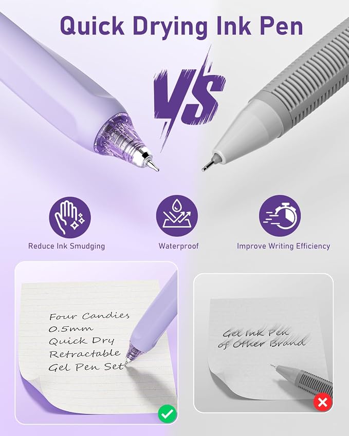 Four Candies Writing Ink Pens with Black & Purple Ink and 2Pack Highlighter Retractable 0.5mm Smooth Fine Point Pens Purple Pens for School Office Girly Stationery Aesthetic Desk Accessories Set of 14