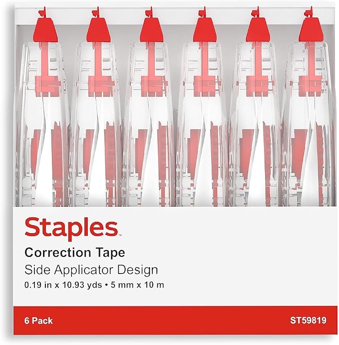 STAPLES Correction Tape, Easy Sidewinder Applicator for Instant Corrections, 6-Pack, White