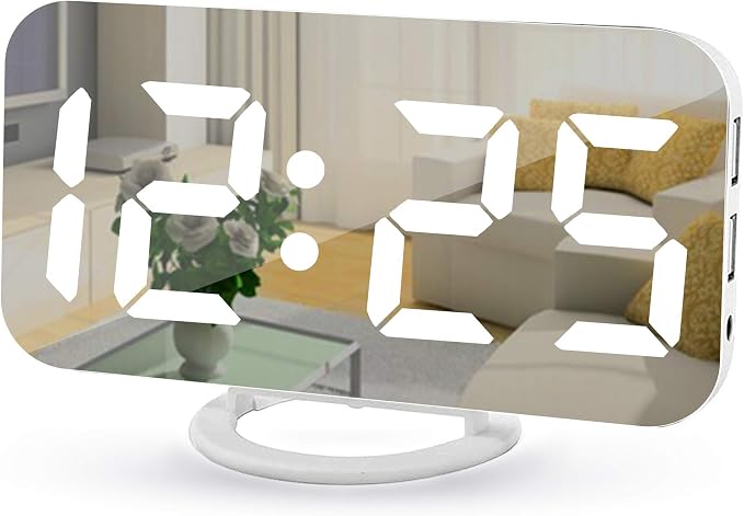 Digital Alarm Clock,7" LED Mirror Electronic Clocks,with 2 USB Charging Ports,Snooze Mode,Auto Adjust Brightness,Modern Desk Wall Clocks for Bedrooms Living Room Office - White