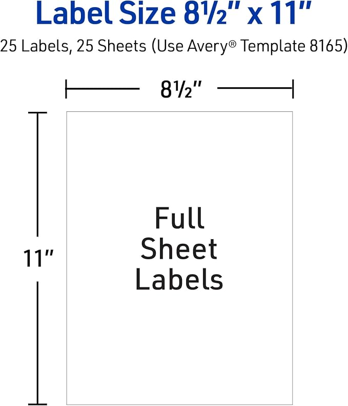 Avery Full-Sheet Printable Shipping Labels, 8.5" x 11" Customizable Stickers, White, 25 Blank Mailing Labels, Great for Mailing, Shipping, Organizing, and More (8165)