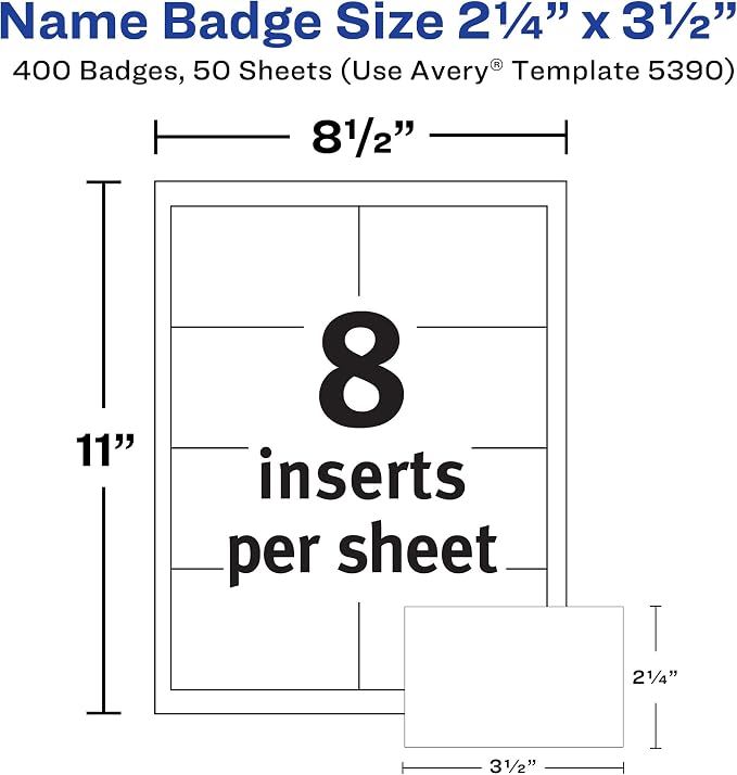 Avery Customizable Name Badge Inserts, 2.25" x 3.5", White, 400 Printable Name Tag Inserts (5390) (Pack of 5)