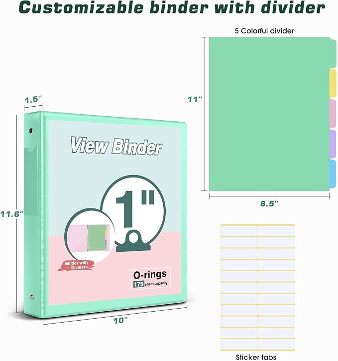 3 Ring Binder 1 inch，Cute Binder Organizer with 5 Tab Dividers Fits 175 Sheets of 8.5x11 Paper, Customizable Clear Cover with Inside Pockets, Aesthetic 1" Three Ring Binders for School Office，Green