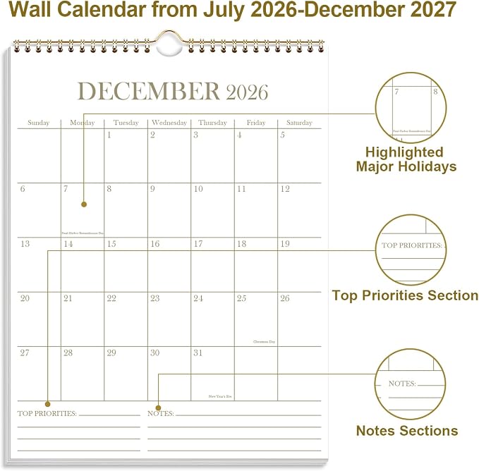 2026-2027 Wall Calendar - 18 Months Calendar from July 2026 - December 2027, Calendar 2026-2027 with Thick Paper, 8.5" x 11", Vertical Calendar, Golden