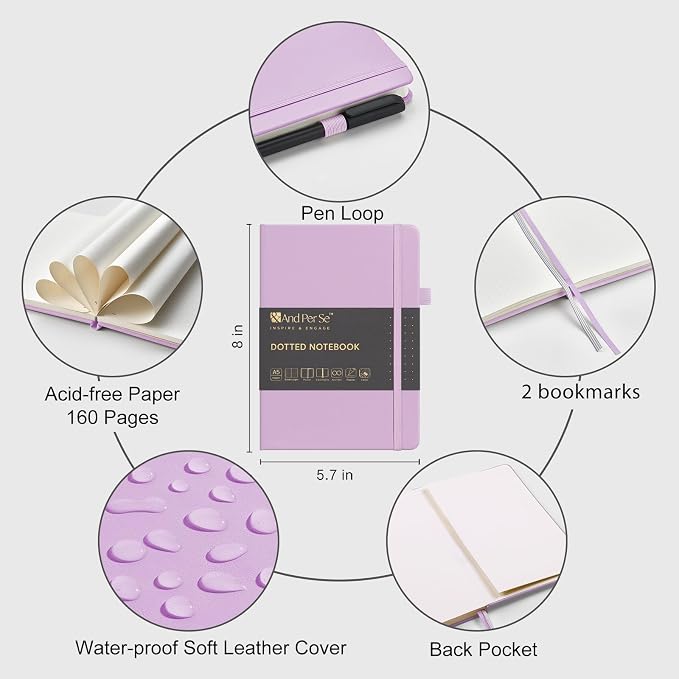 &And Per Se Dotted Journal and Pen Set, A5 Leather Hardcover Dotted Notebook, 160 Pages 100GSM Thick Paper Dot Grid Journal with Fineliner Pen (Purple)
