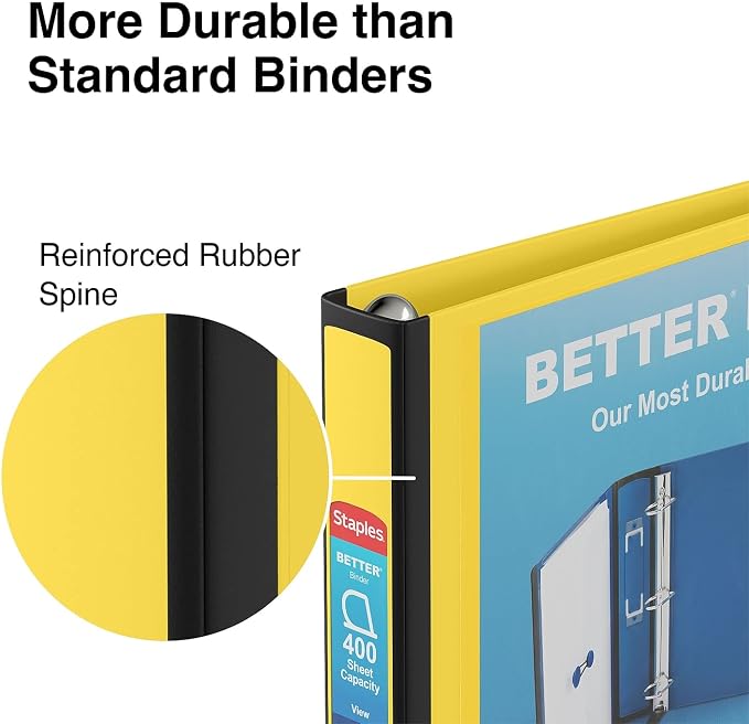 Staples Better Binder 1.5-Inch D-Ring View Binder, Reinforced Spine, Holds Up to 350 Sheets, Yellow, for Office & School