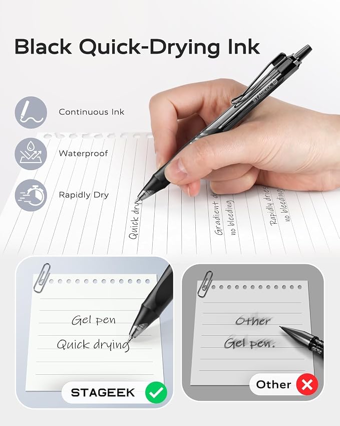 STAGEEK 12 Pack Black Gel Pens, Quick Dry Black Ink Pens, 0.5mm Fine Point Retractable Smooth Writing Pens for Journaling, Writing, Business Gel Pen for Office School & Home Supplies(Black)