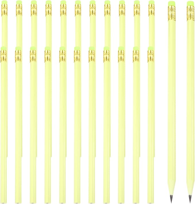 PATIKIL Round Pencils, 24 Pcs Triangle HB Graphite Pencil Wooden Pencils with Eraser for Classroom Office Writing Drawing Supplies, Yellow