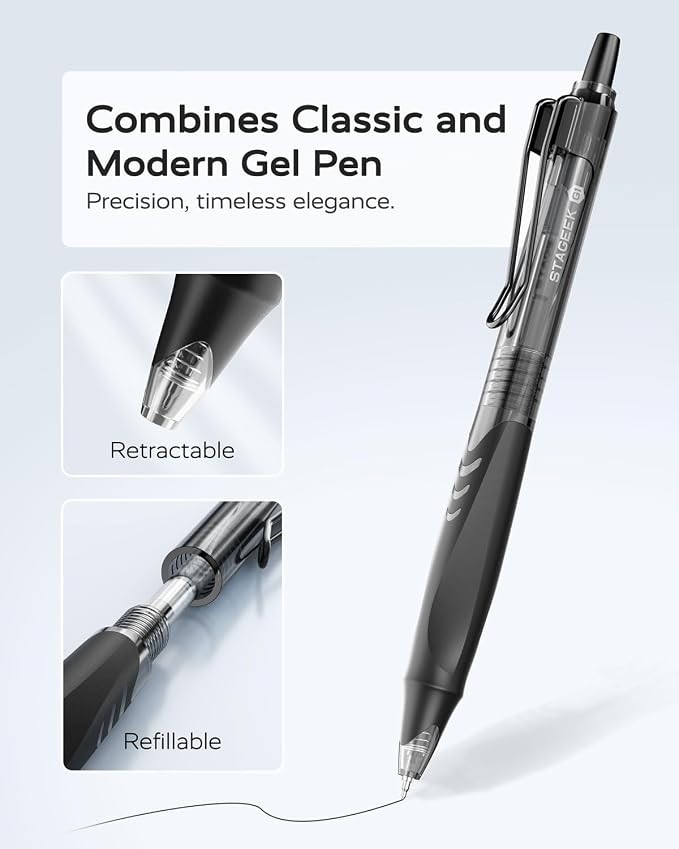 STAGEEK 12 Pack Black Gel Pens, Quick Dry Black Ink Pens, 0.5mm Fine Point Retractable Smooth Writing Pens for Journaling, Writing, Business Gel Pen for Office School & Home Supplies(Black)
