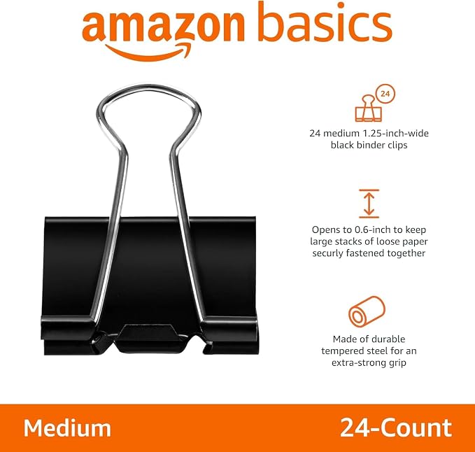 Amazon Basics Sturdy Binder Clips, Office Supplies, Medium 1.25 inches, Document Organizing, Sturdy Steel, Black, 24 Count (2 Pack of 12)